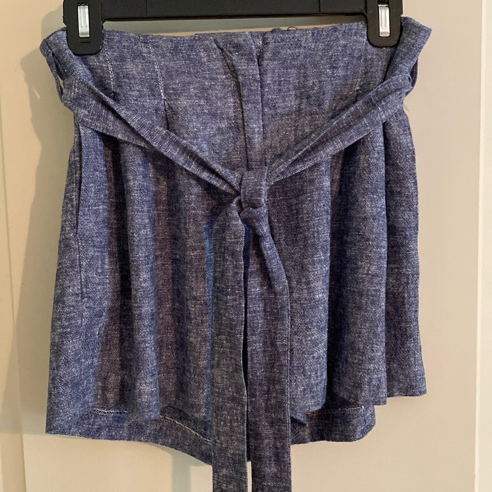 DREW Paper Bag Dress Belted Shorts Cotton Linen Blend Chambray Blue Size SMALL